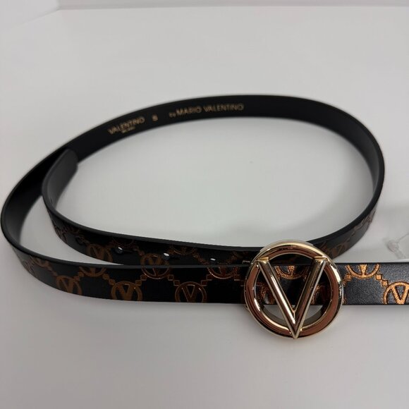 NEW VALENTINO AUTHENTIC MONOGRAM THIN LEATHER BLACK BELT​​ GOLD BUCKLE SMALL